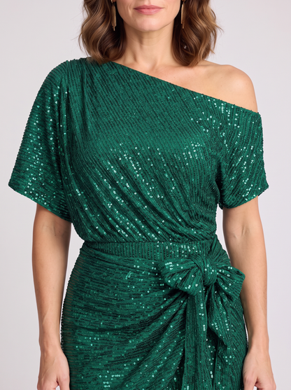 Allegra | Off Shoulder Tie Waist Sequin Wrap Dress