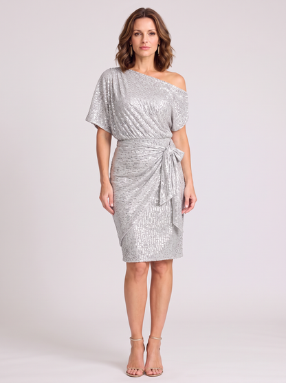Allegra | Off Shoulder Tie Waist Sequin Wrap Dress