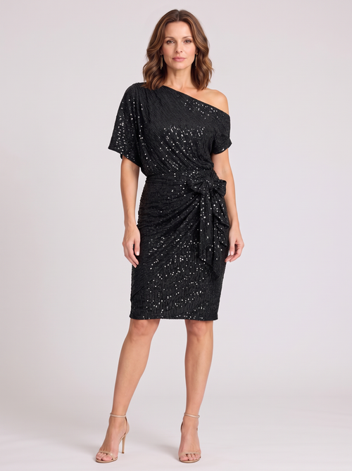 Allegra | Off Shoulder Tie Waist Sequin Wrap Dress
