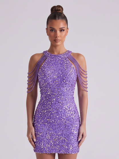 Yvette | Draped Chain Shoulder Sequin Bodycon Mini Dress