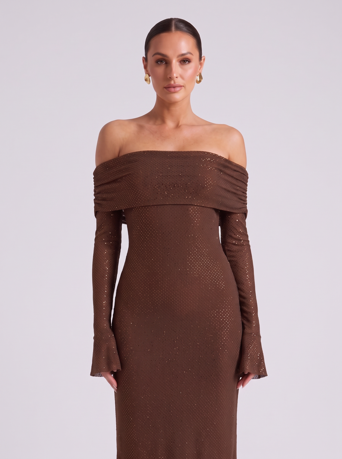 Hollis | Off Shoulder Chocolate Sequin Maxi Gown