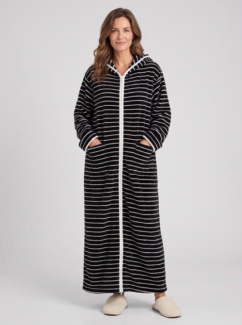 Jolene | Zip Up Hooded Striped Fleece Robe