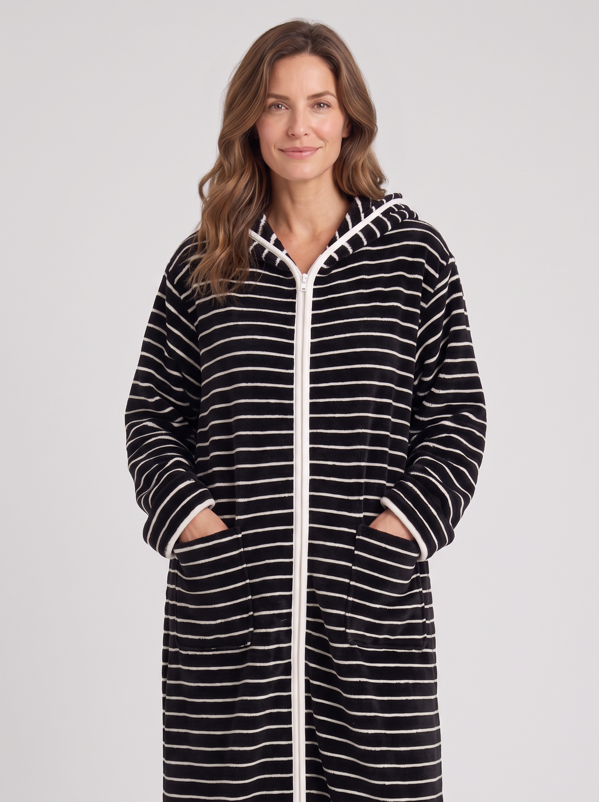 Jolene | Zip Up Hooded Striped Fleece Robe