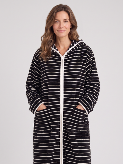Jolene | Zip Up Hooded Striped Fleece Robe