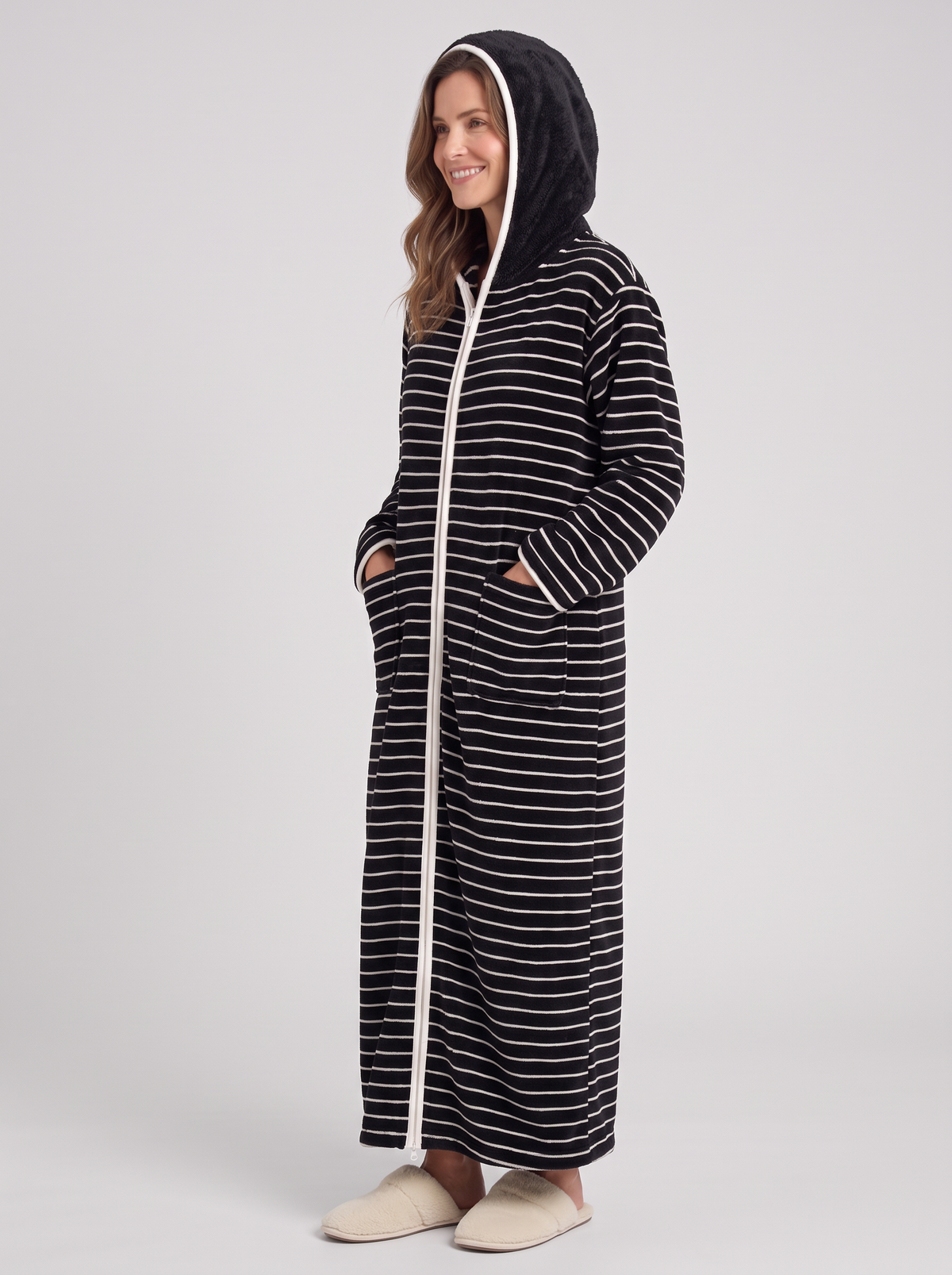 Jolene | Zip Up Hooded Striped Fleece Robe