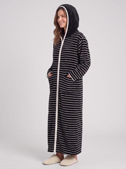 Jolene | Zip Up Hooded Striped Fleece Robe