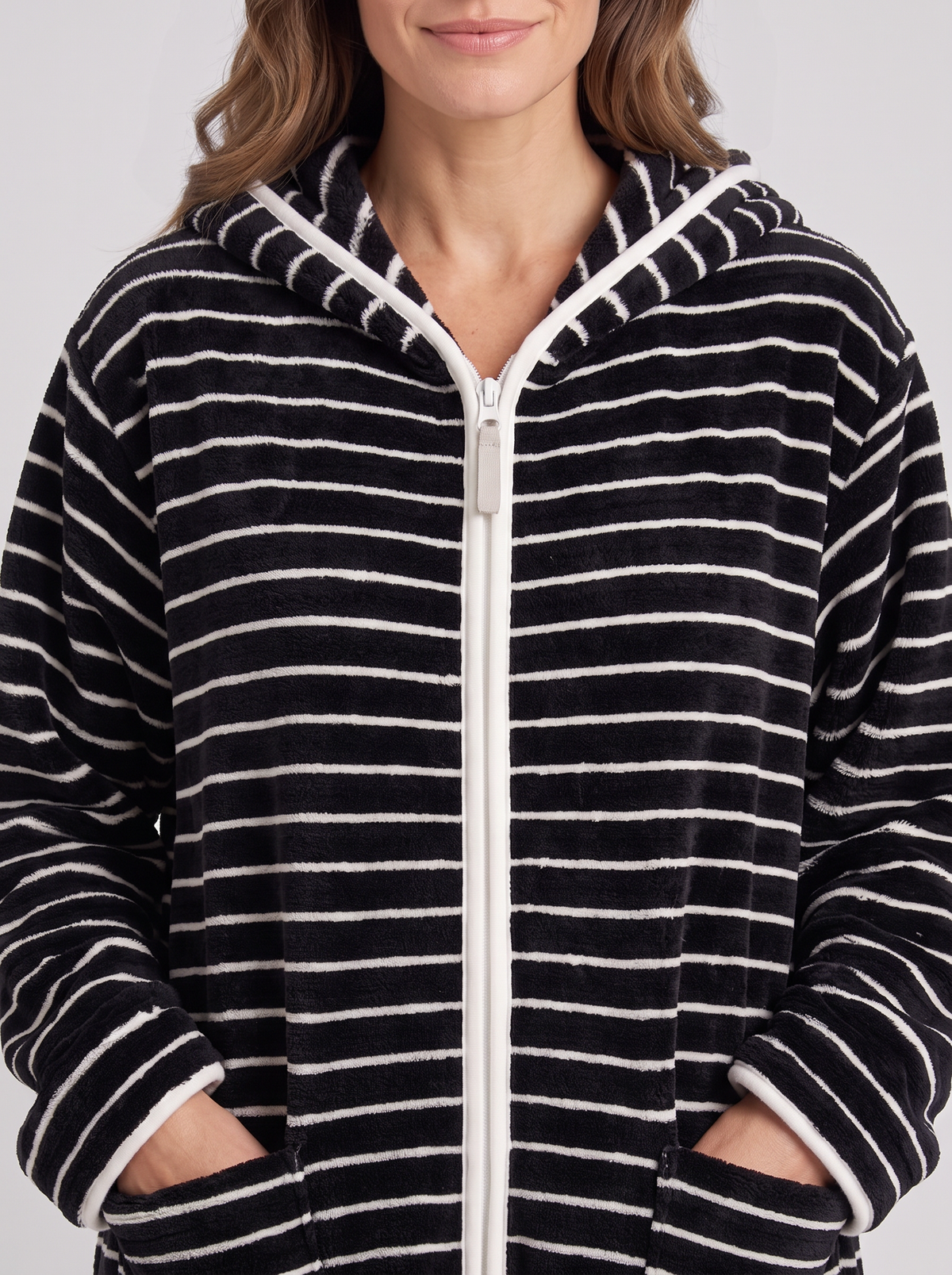 Jolene | Zip Up Hooded Striped Fleece Robe