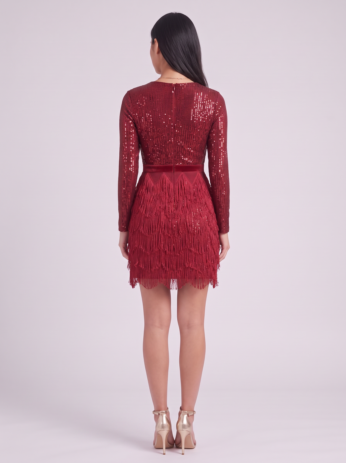 Cosima | Feather Hem Long Sleeve Wrap Sparkle Mini Dress