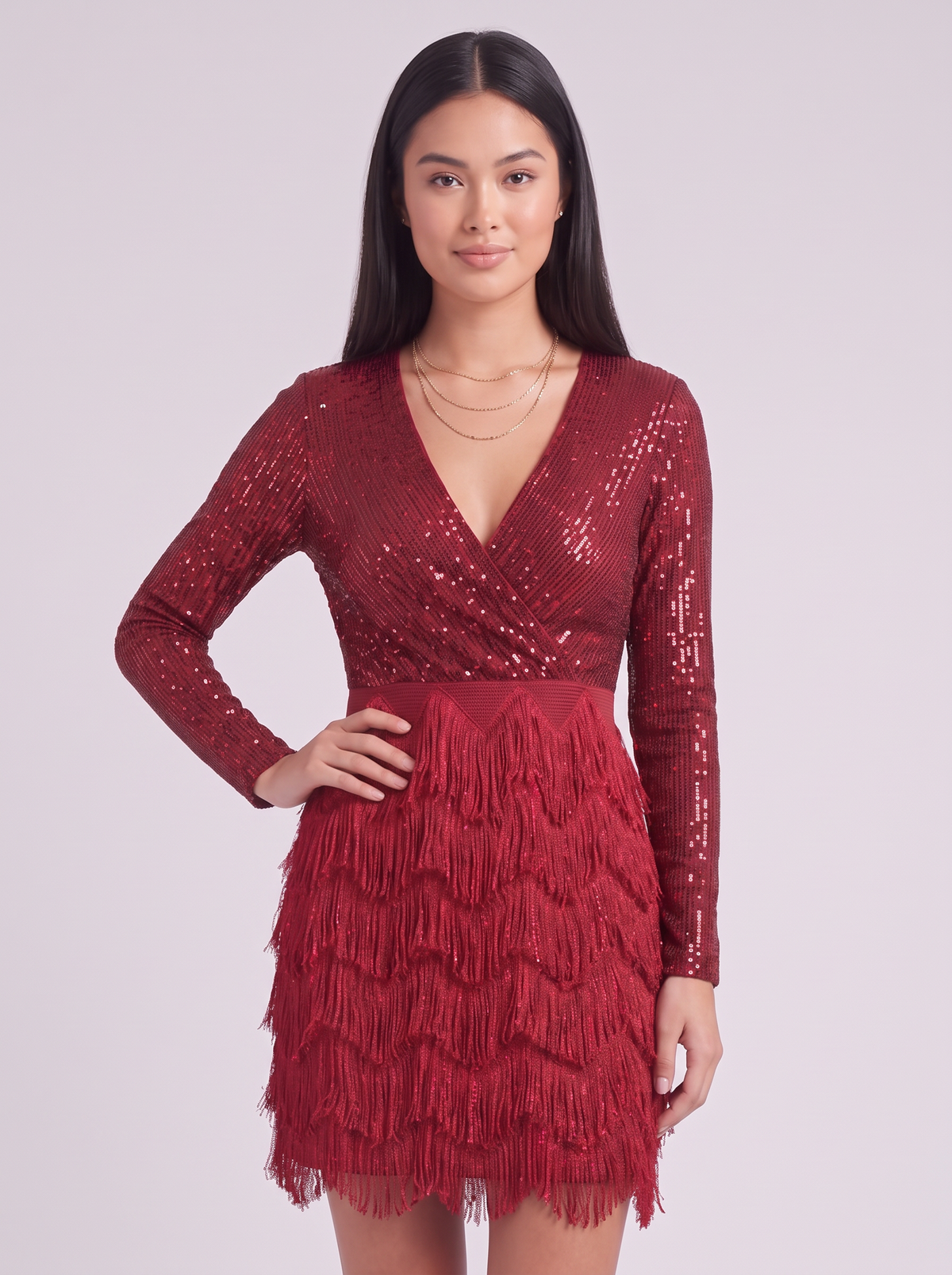 Cosima | Feather Hem Long Sleeve Wrap Sparkle Mini Dress