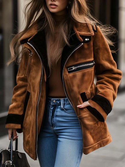 Alessia | Shearling Trim Suede Aviator Jacket