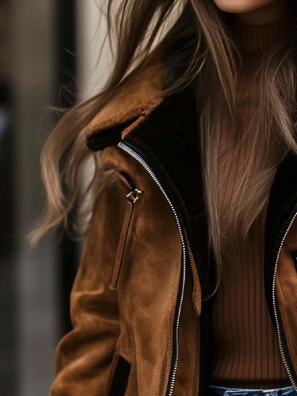 Alessia | Shearling Trim Suede Aviator Jacket