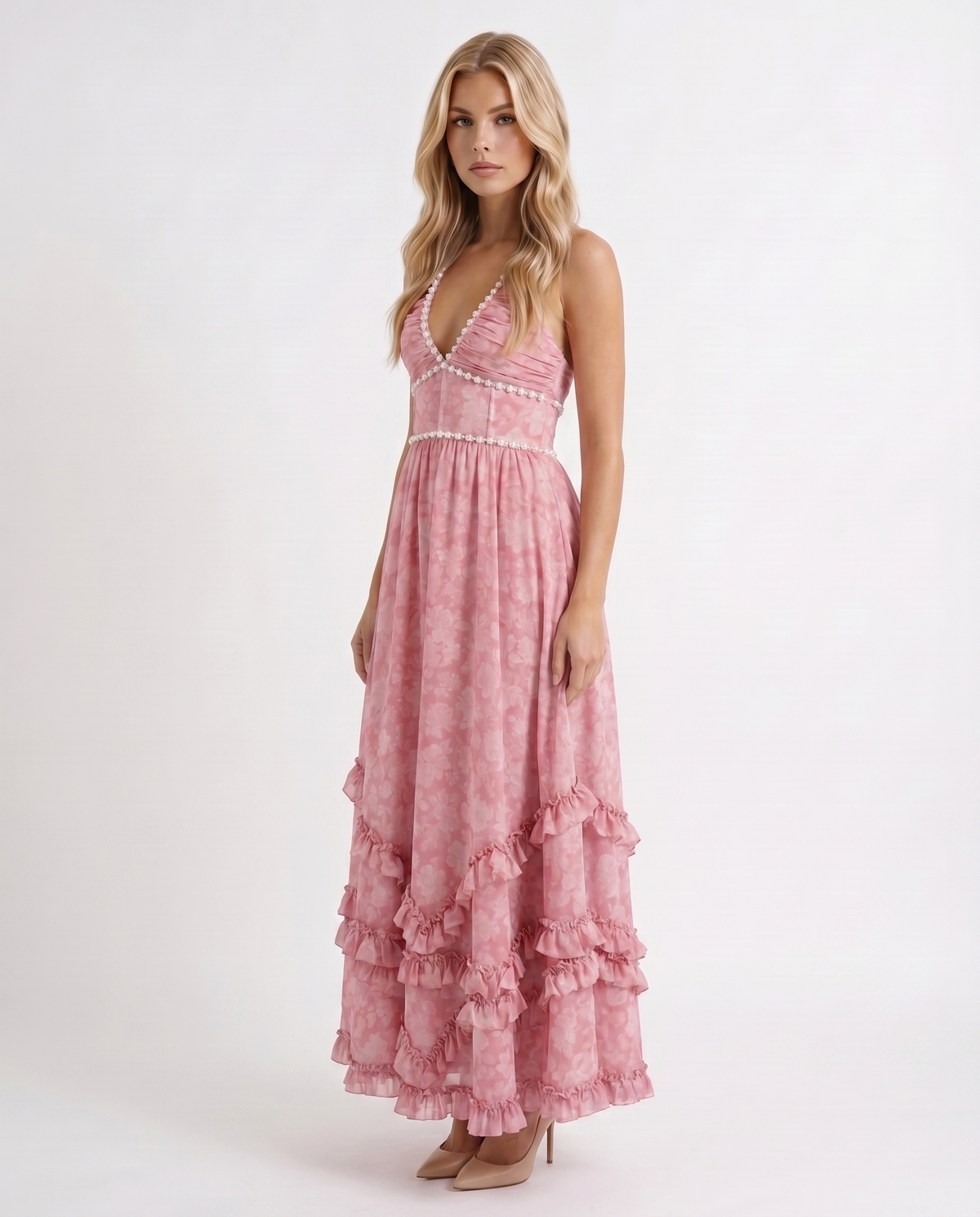 Winnie | Pearl Halter Tiered Ruffle Maxi Dress