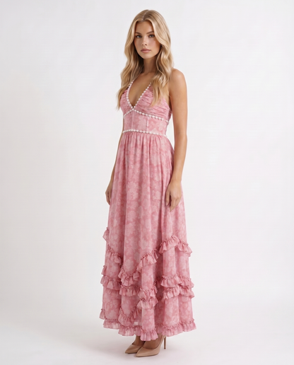 Winnie | Pearl Halter Tiered Ruffle Maxi Dress