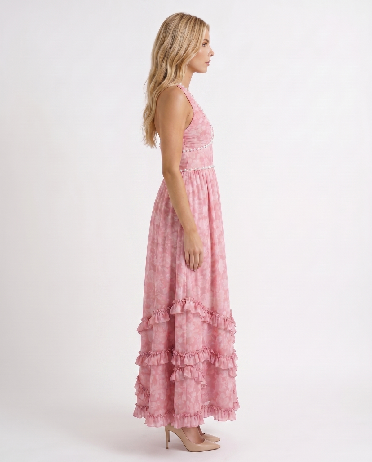 Winnie | Pearl Halter Tiered Ruffle Maxi Dress