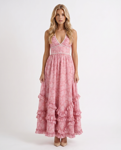 Winnie | Pearl Halter Tiered Ruffle Maxi Dress