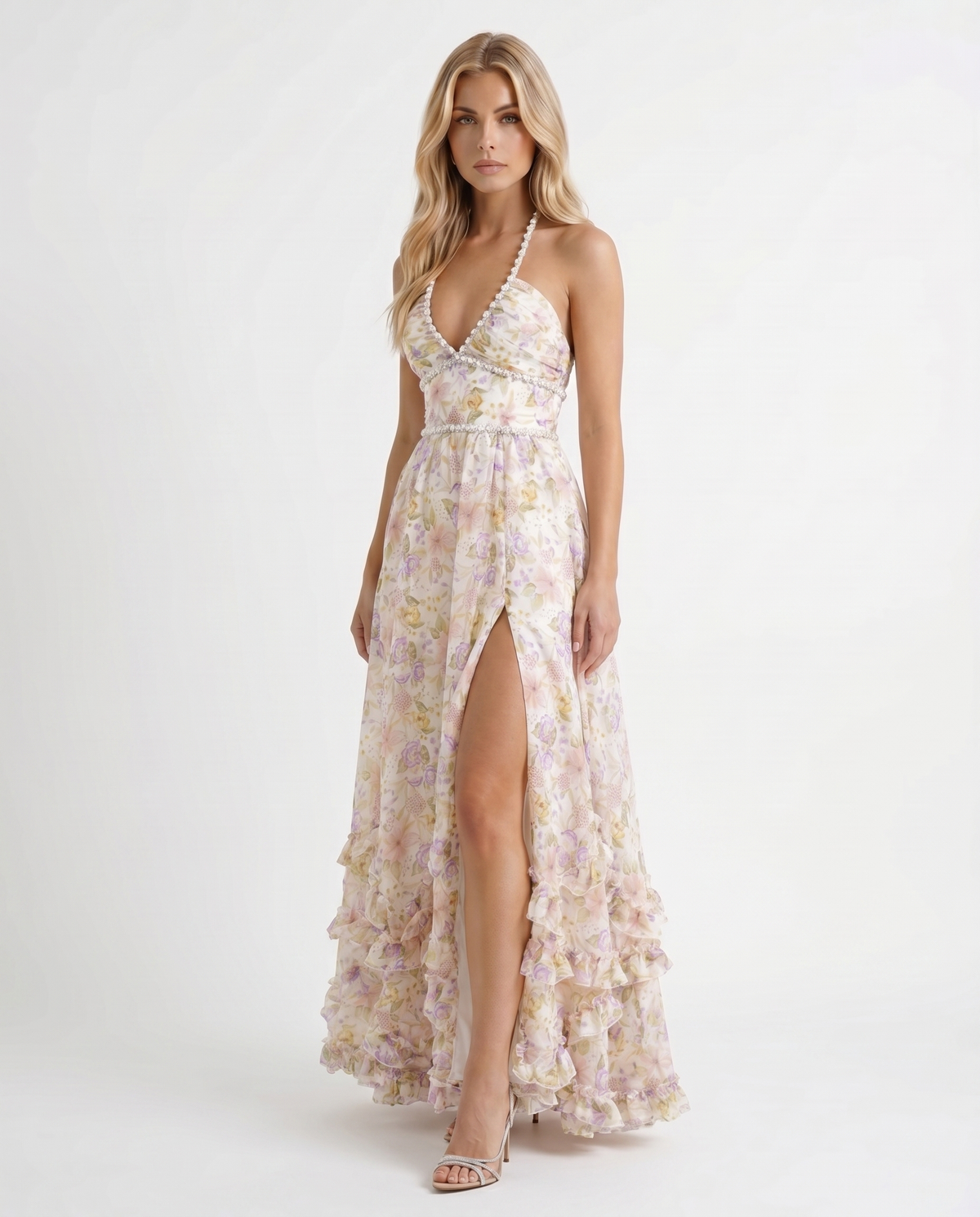 Winnie | Pearl Halter Tiered Ruffle Maxi Dress