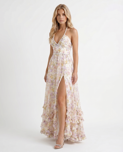 Winnie | Pearl Halter Tiered Ruffle Maxi Dress