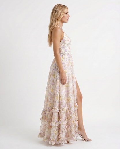 Winnie | Pearl Halter Tiered Ruffle Maxi Dress