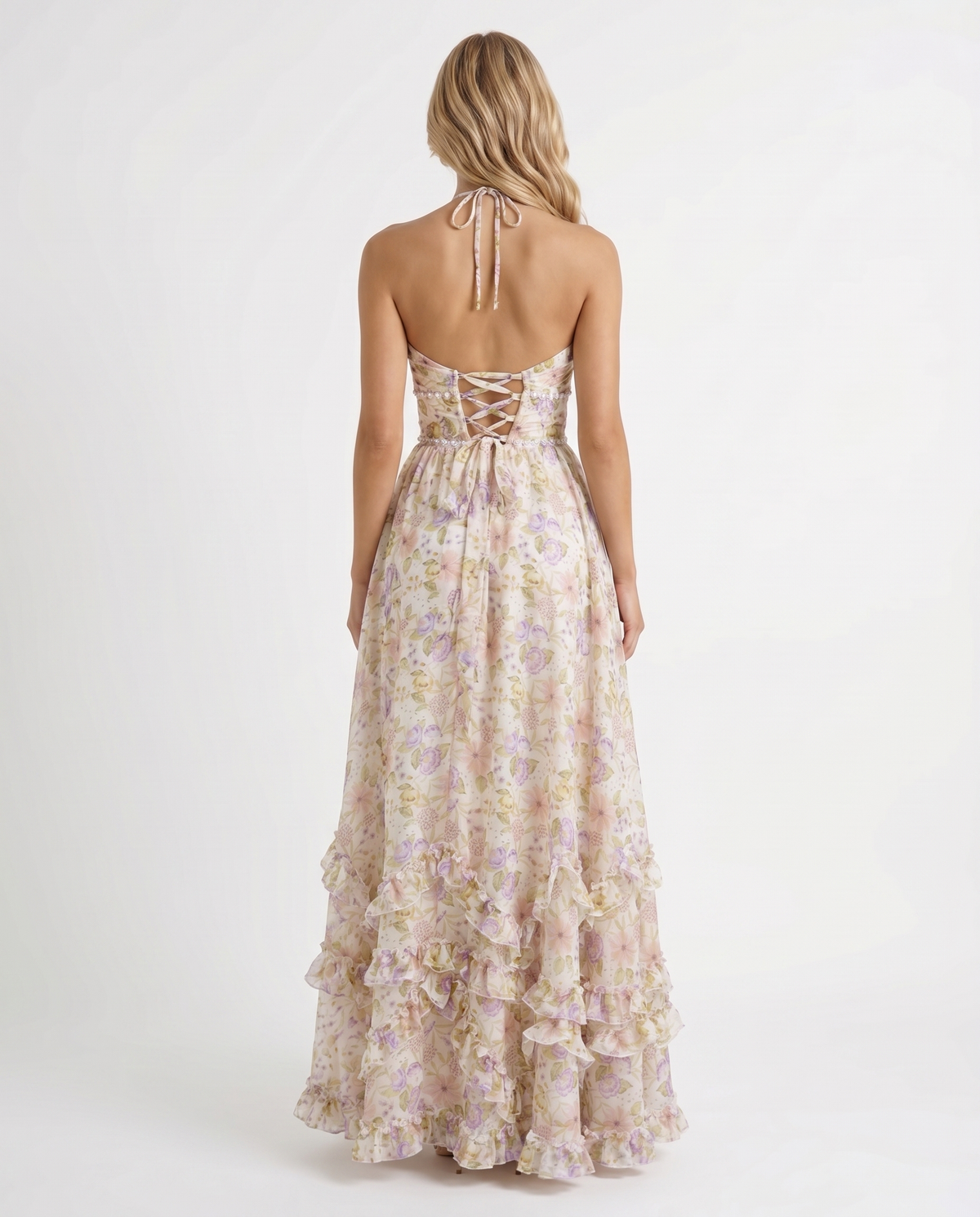 Winnie | Pearl Halter Tiered Ruffle Maxi Dress