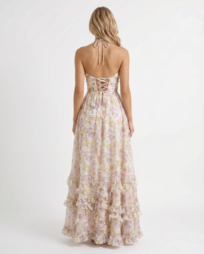 Winnie | Pearl Halter Tiered Ruffle Maxi Dress