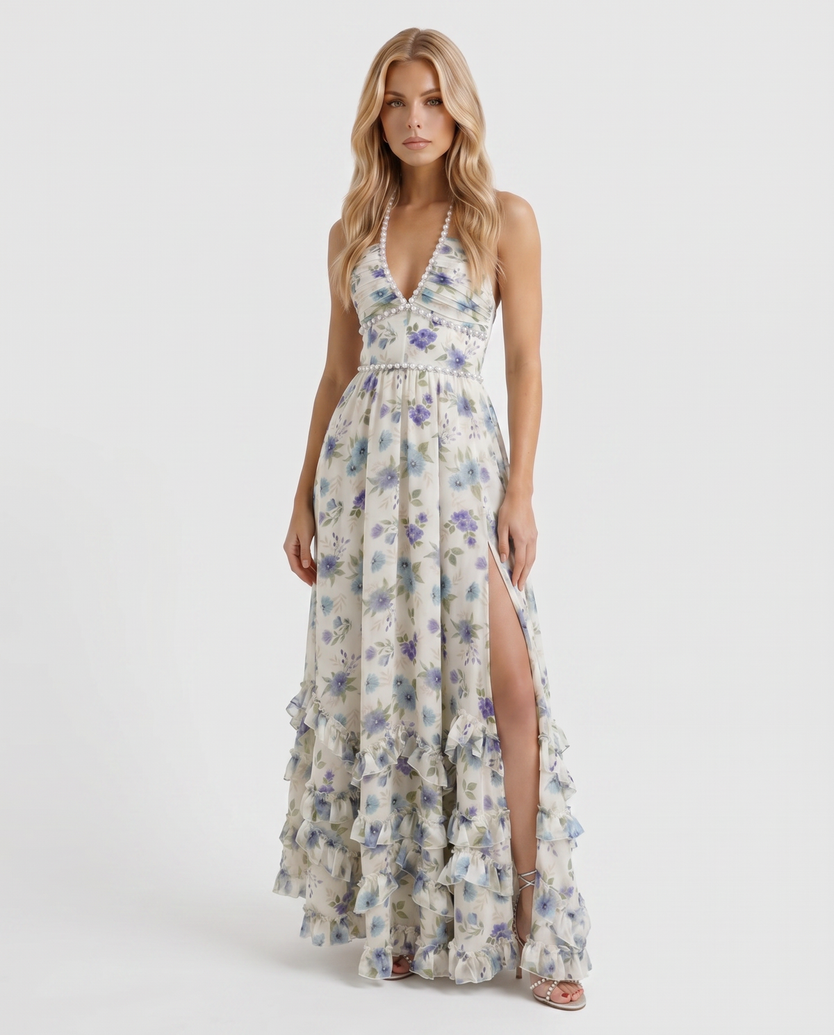 Winnie | Pearl Halter Tiered Ruffle Maxi Dress
