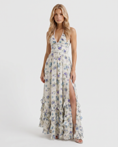 Winnie | Pearl Halter Tiered Ruffle Maxi Dress