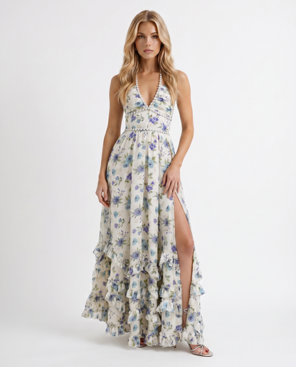 Winnie | Pearl Halter Tiered Ruffle Maxi Dress