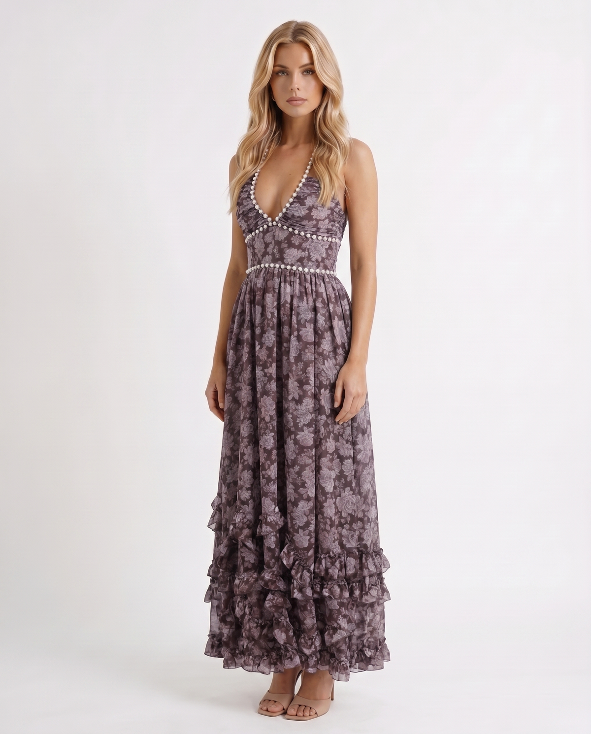 Winnie | Pearl Halter Tiered Ruffle Maxi Dress
