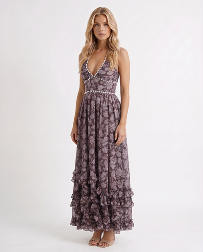 Winnie | Pearl Halter Tiered Ruffle Maxi Dress