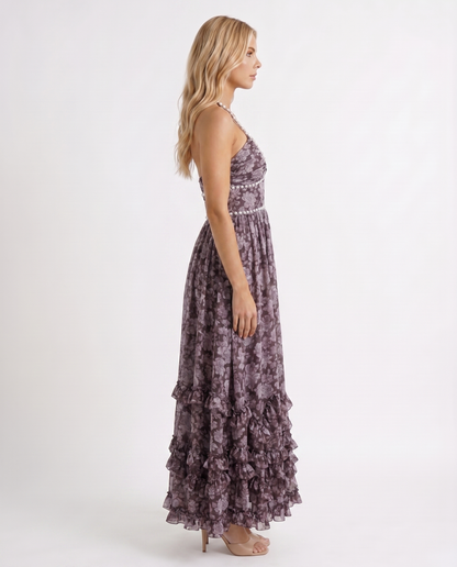 Winnie | Pearl Halter Tiered Ruffle Maxi Dress
