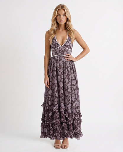 Winnie | Pearl Halter Tiered Ruffle Maxi Dress