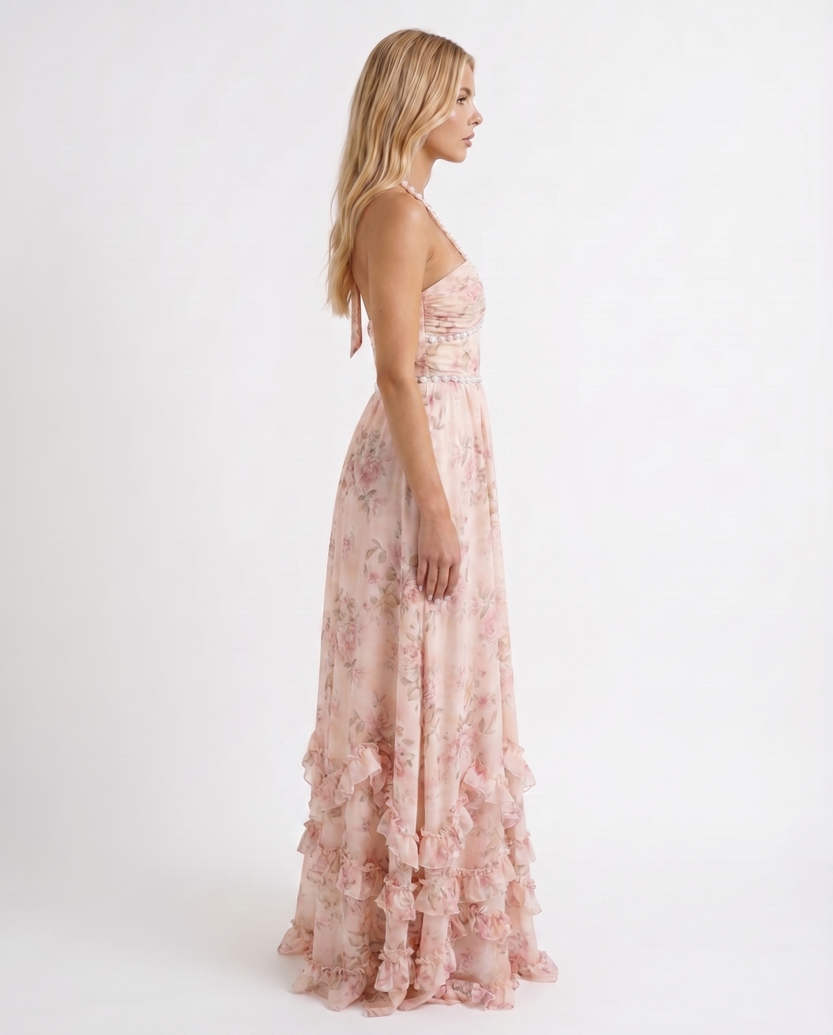 Winnie | Pearl Halter Tiered Ruffle Maxi Dress