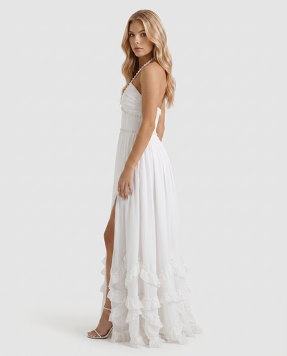 Winnie | Pearl Halter Tiered Ruffle Maxi Dress