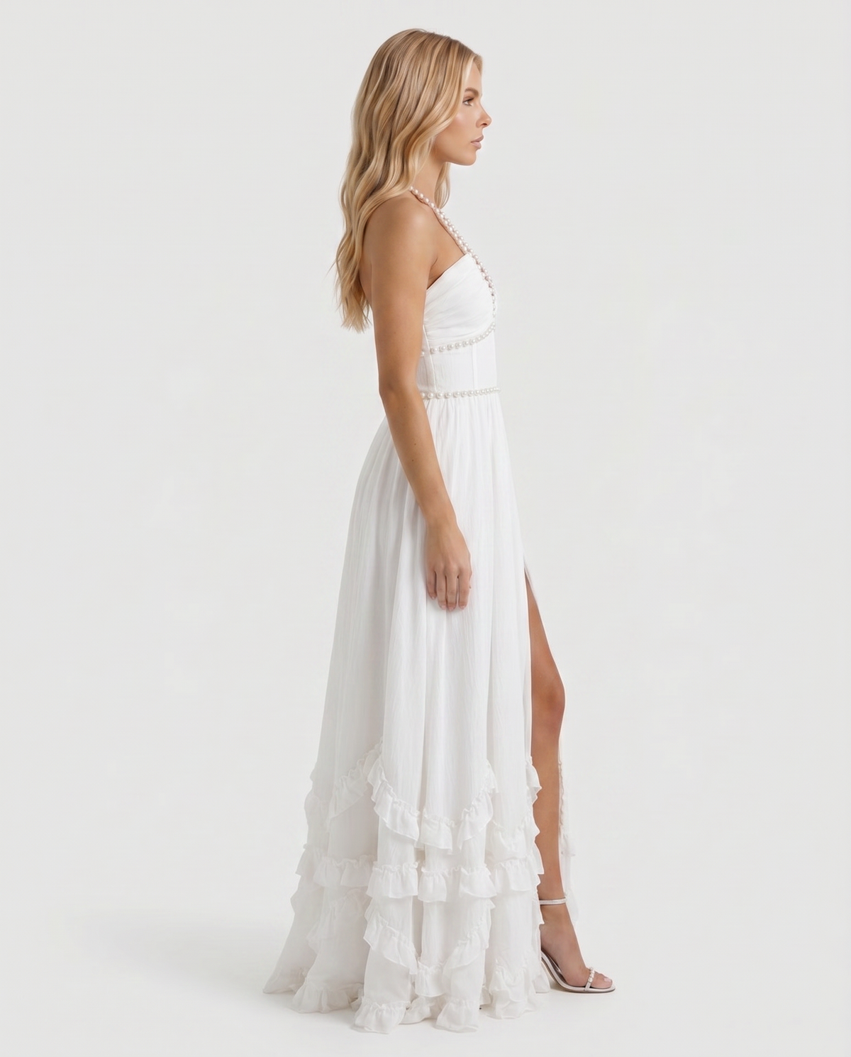 Winnie | Pearl Halter Tiered Ruffle Maxi Dress