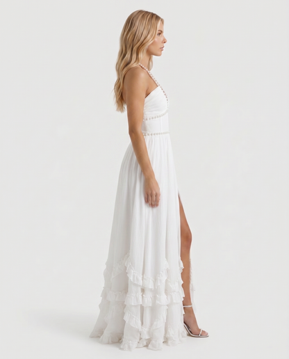 Winnie | Pearl Halter Tiered Ruffle Maxi Dress