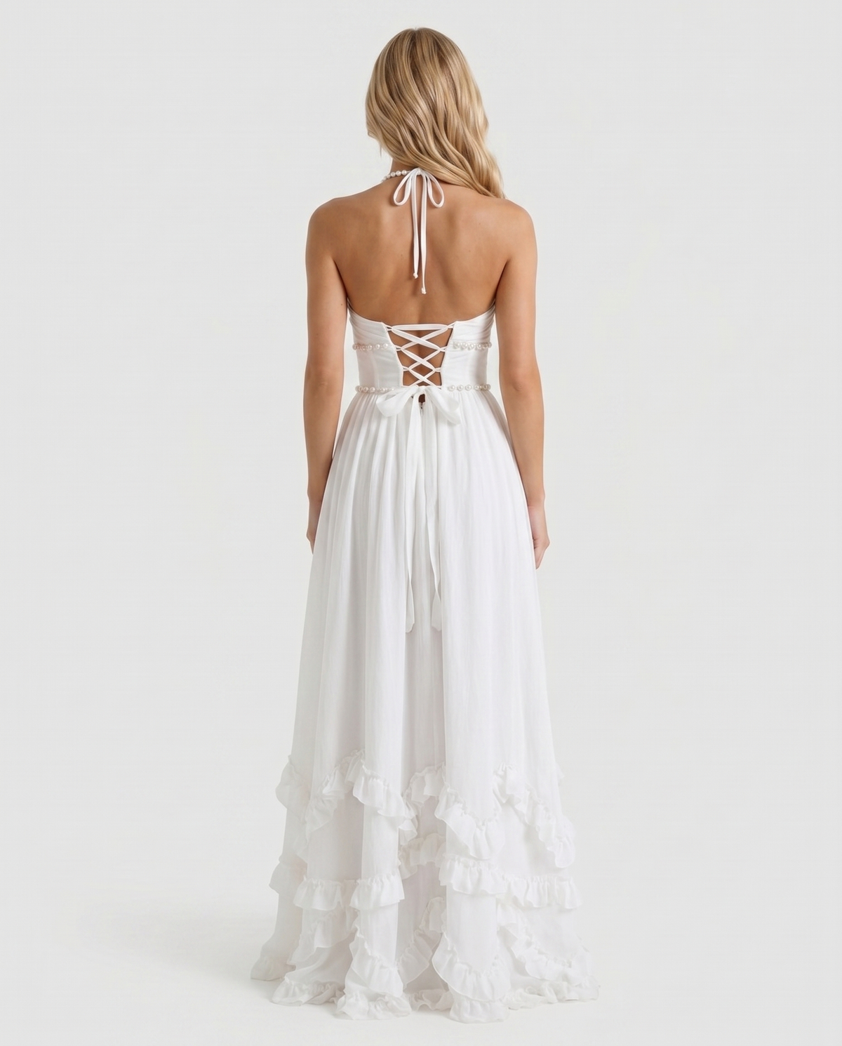 Winnie | Pearl Halter Tiered Ruffle Maxi Dress