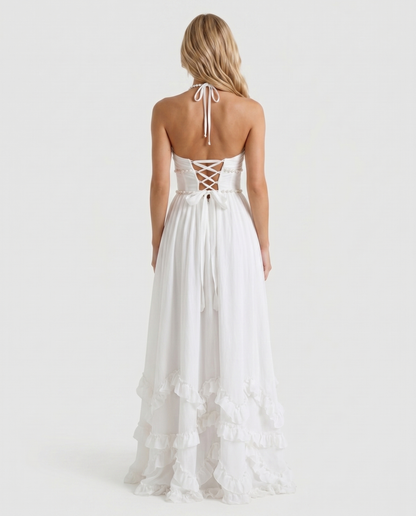 Winnie | Pearl Halter Tiered Ruffle Maxi Dress