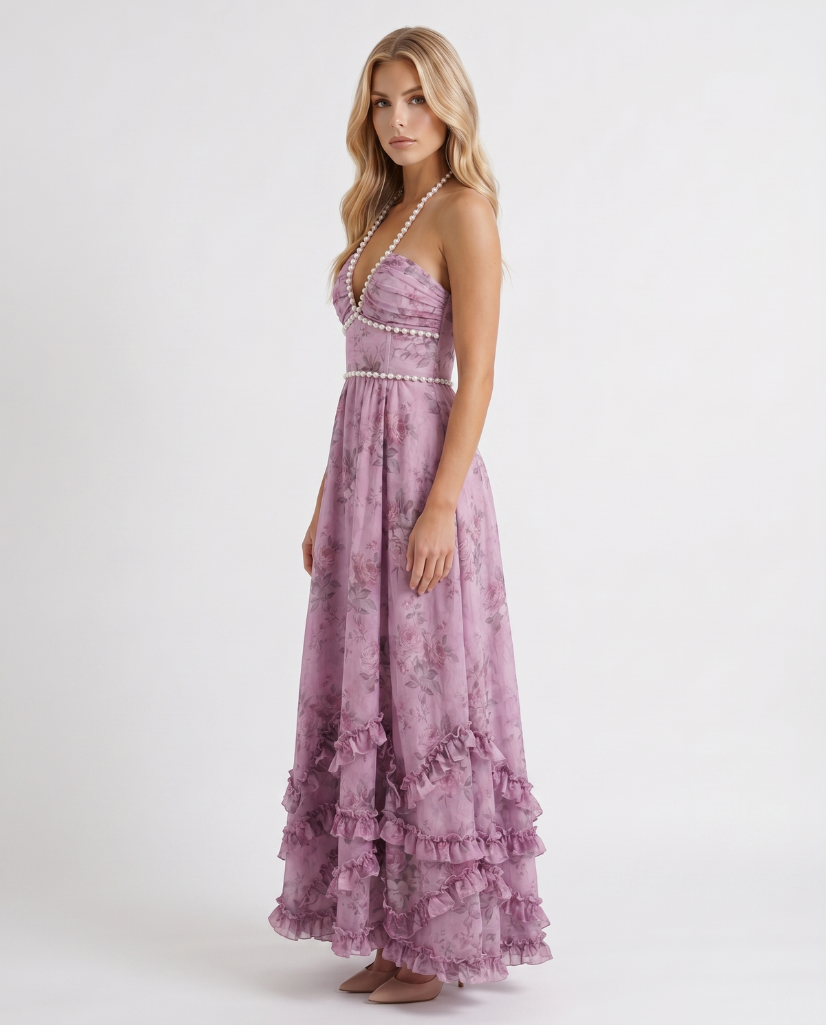 Winnie | Pearl Halter Tiered Ruffle Maxi Dress