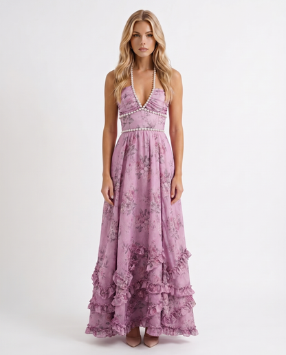 Winnie | Pearl Halter Tiered Ruffle Maxi Dress