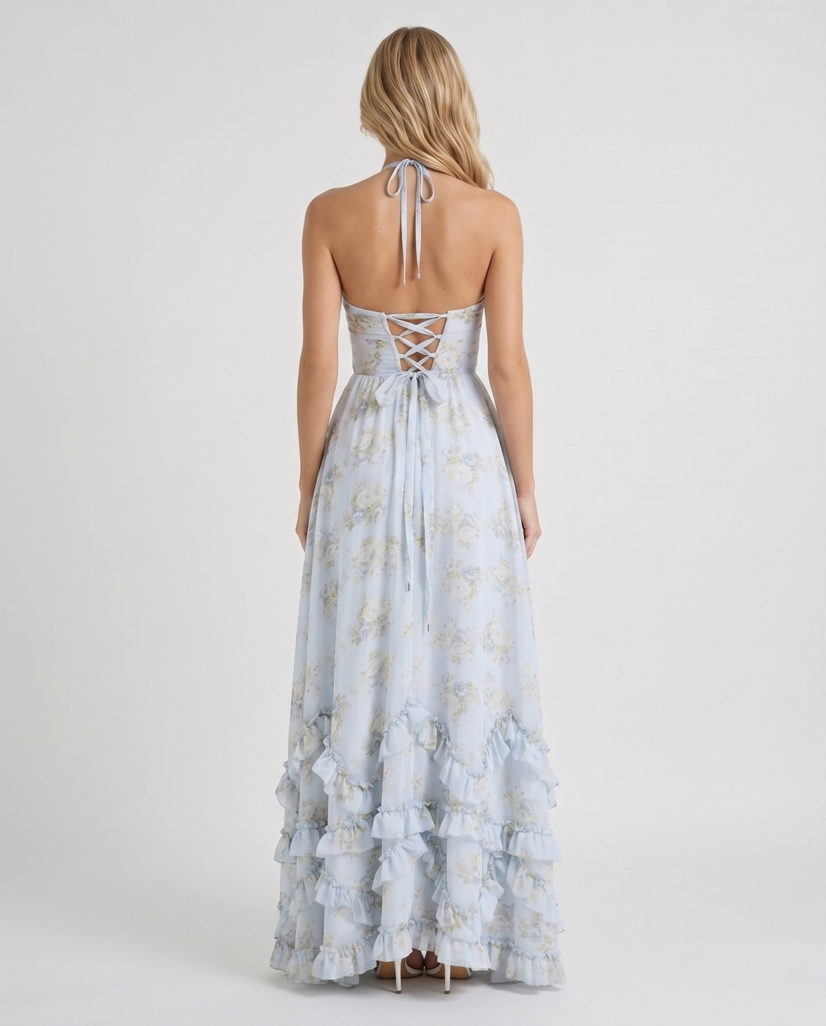 Winnie | Pearl Halter Tiered Ruffle Maxi Dress