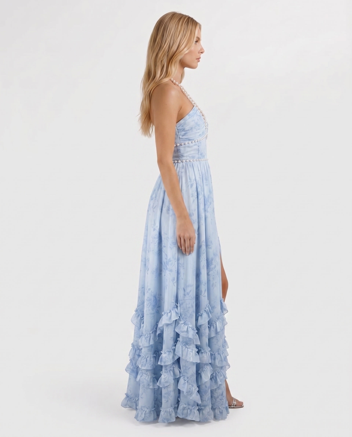 Winnie | Pearl Halter Tiered Ruffle Maxi Dress