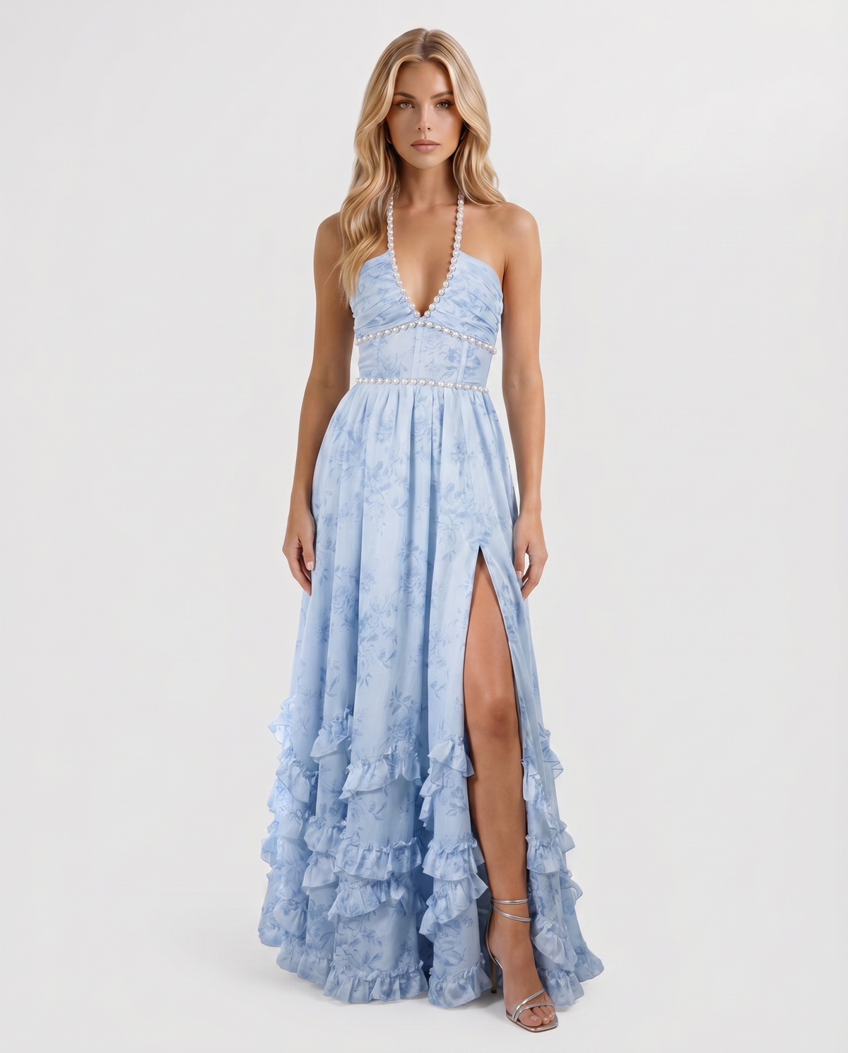 Winnie | Pearl Halter Tiered Ruffle Maxi Dress