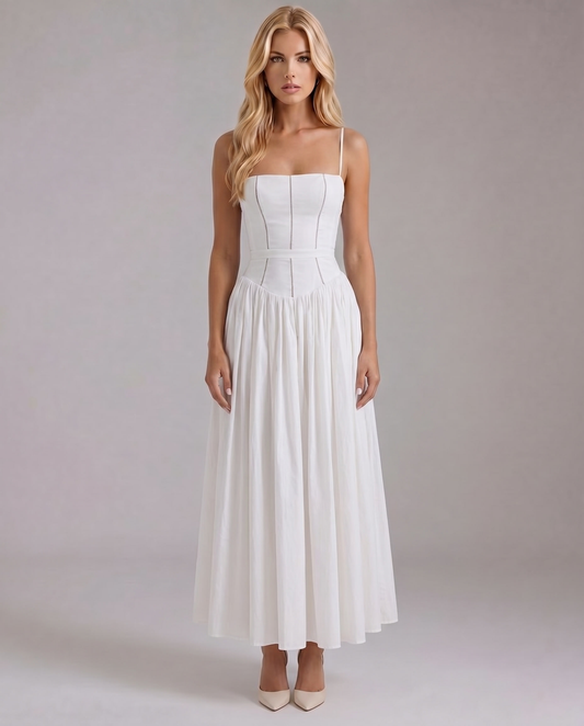 Brigitte | Lace Trim Gathered Midi Dress