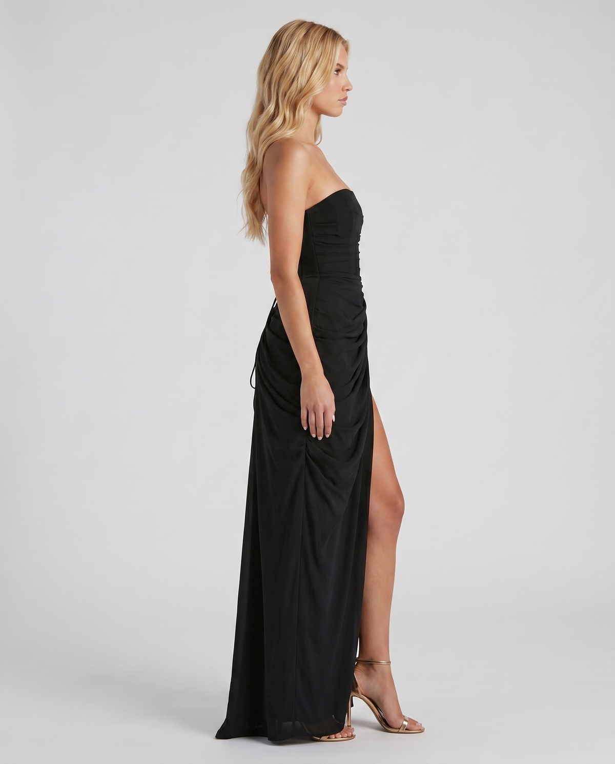 Carys | Strapless Ruched Wrap Slit Maxi Dress