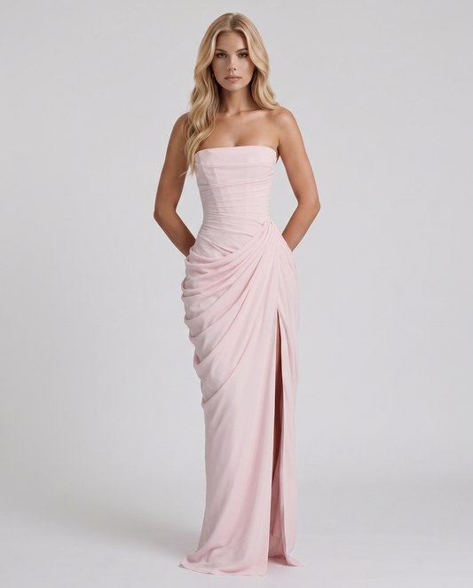 Carys | Strapless Ruched Wrap Slit Maxi Dress
