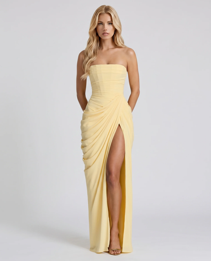 Carys | Strapless Ruched Wrap Slit Maxi Dress