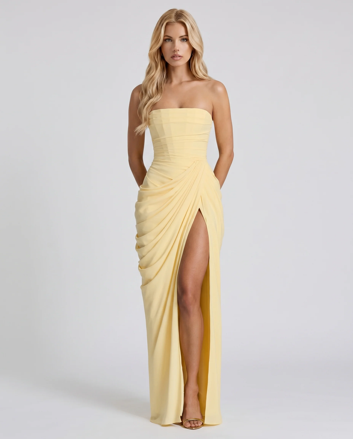 Carys | Strapless Ruched Wrap Slit Maxi Dress