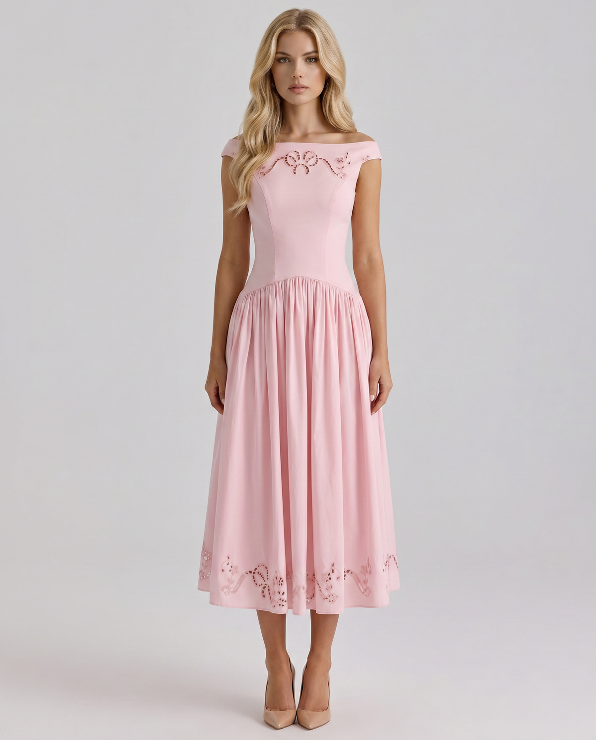 Alba | Boat Neck Eyelet Drop Waist Midi Dress