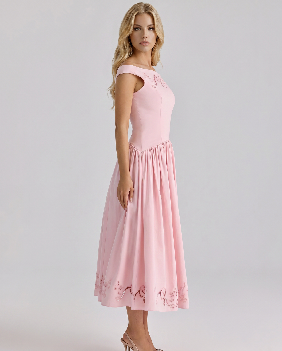 Alba | Boat Neck Eyelet Drop Waist Midi Dress