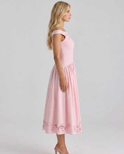 Alba | Boat Neck Eyelet Drop Waist Midi Dress